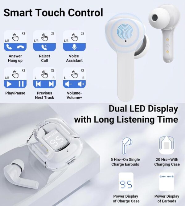 Air 39 Wireless Bluetooth 5.3 Earbuds With Mic & Touch Control – Deep Bass, Noise Reduction, Long Battery Life – 400mAh Charging Case – Available in White, Green, Blue, Pink & Black