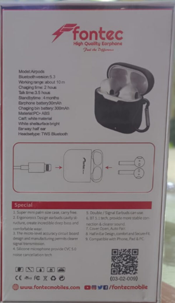 Fontec Airpods Music True Wireless Bluetooth 5.3 Earphones | Noise Cancellation | Touch Control | 30mAh Earbud + 300mAh Charging Case | High Quality TWS Headset