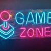Functional signs for storefronts including "OPEN", "SALE", and branded logos for "Game Zone".
